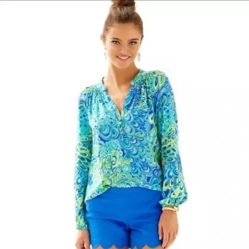 Lilly Pulitzer Elsa Sea Blue Lilly's Lagoon 100% Silk Long Sleeve Blouse XXS NWT